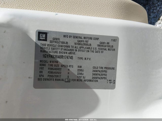 45607688 :رقم المزاد ، 1GYFK63848R174745 vin ، 2008 Cadillac Escalade مزاد بيع