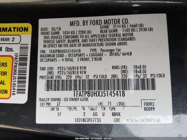 1FATP8UHXJ5145418 Ford Mustang Ecoboost Premium