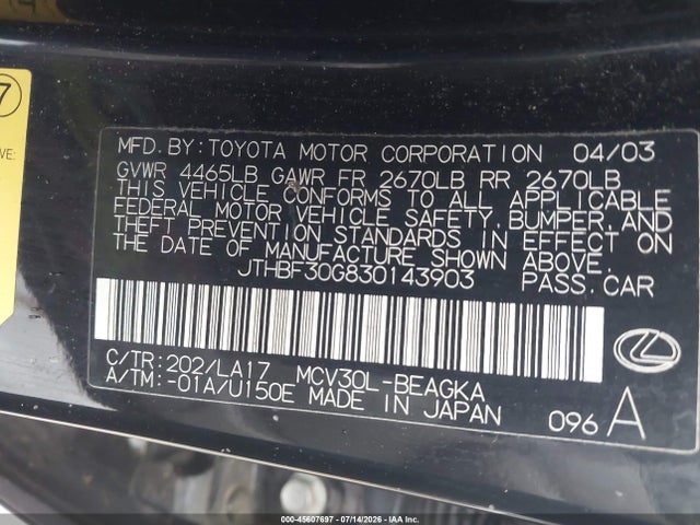 Aukcja sprzedaży 2003 Lexus Es 300, vin: JTHBF30G830143903, numer aukcji: 45607697