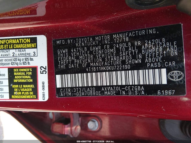 4T1B11HK0KU722190 Toyota CAMRY XLE