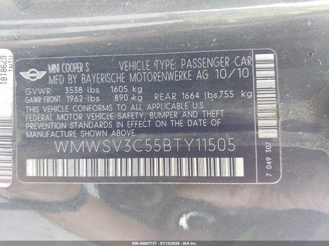 Aukcja sprzedaży 2011 Mini Cooper S, vin: WMWSV3C55BTY11505, numer aukcji: 45607727