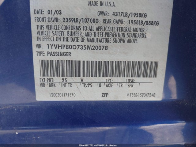 Продаж на аукціоні авто 2003 Mazda Mazda6 S, vin: 1YVHP80D735M20078, номер лоту: 45607732