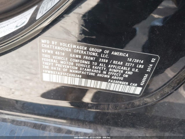 Aukcja sprzedaży 2015 Volkswagen Passat 1.8t Se, vin: 1VWBS7A31FC035266, numer aukcji: 45607735