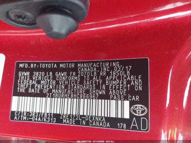 Продажа на аукционе авто 2017 Toyota Corolla Le, vin: 2T1BURHE8HC866967, номер лота: 45607745