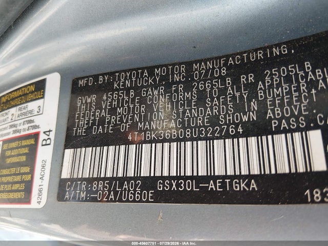 45607751 :رقم المزاد ، 4T1BK36B08U322764 vin ، 2008 Toyota Avalon Xls مزاد بيع