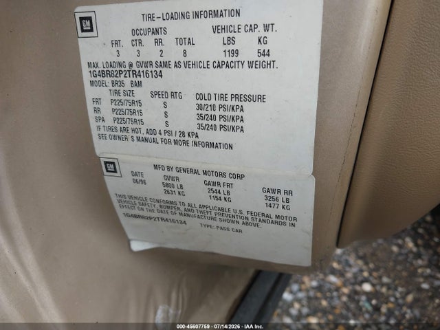 45607759 :رقم المزاد ، 1G4BR82P2TR416134 vin ، 1996 Buick Roadmaster Limited مزاد بيع