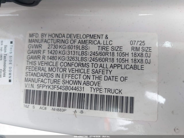 Aukcja sprzedaży 2025 Honda Ridgeline Rtl, vin: 5FPYK3F54SB044631, numer aukcji: 45607768