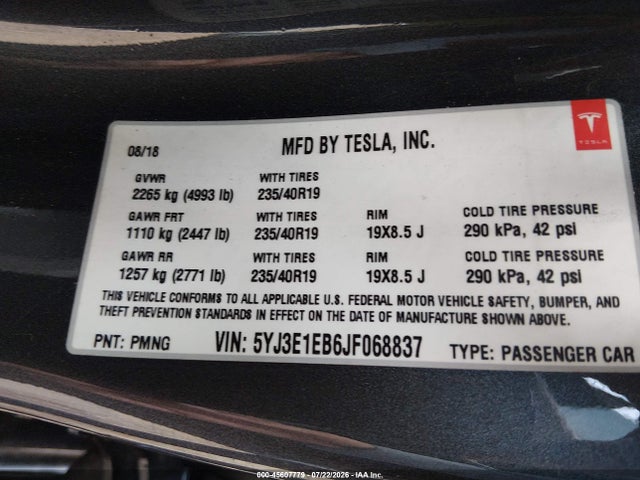 Продажа на аукционе авто 2018 Tesla Model 3 Long Range/performance, vin: 5YJ3E1EB6JF068837, номер лота: 45607779