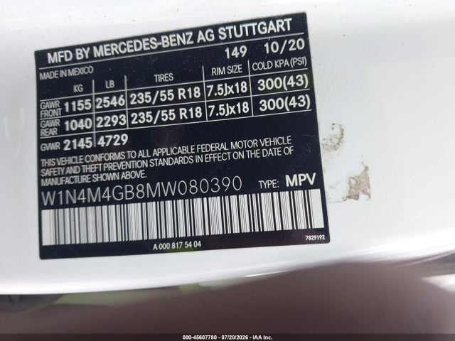 2021 Mercedes-benz Glb 250 მანქანა იყიდება აუქციონზე, vin: W1N4M4GB8MW080390, აუქციონის ნომერი: 45607780