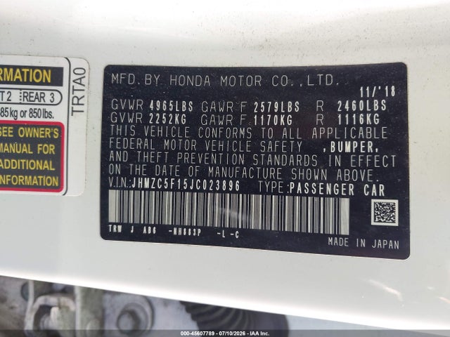 JHMZC5F15JC023896 Honda CLARITY PLUG-IN HYBRID