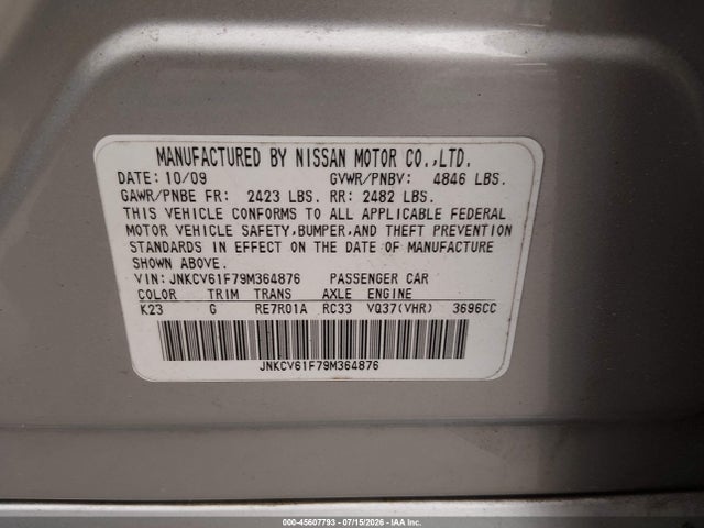 Продаж на аукціоні авто 2009 Infiniti G37x, vin: JNKCV61F79M364876, номер лоту: 45607793