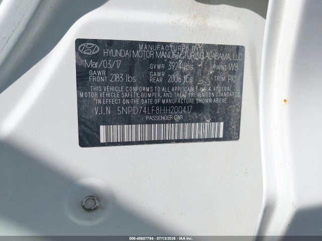45607794 :رقم المزاد ، 5NPD74LF8HH200417 vin ، 2017 Hyundai Elantra Se مزاد بيع
