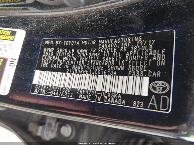 Aukcja sprzedaży 2018 Toyota Corolla Se, vin: 2T1BURHE1JC016104, numer aukcji: 45607802