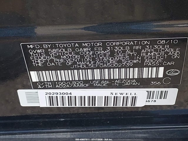 45607811 :رقم المزاد ، JTHDL5EF0A5002739 vin ، 2010 Lexus Ls 460 L مزاد بيع