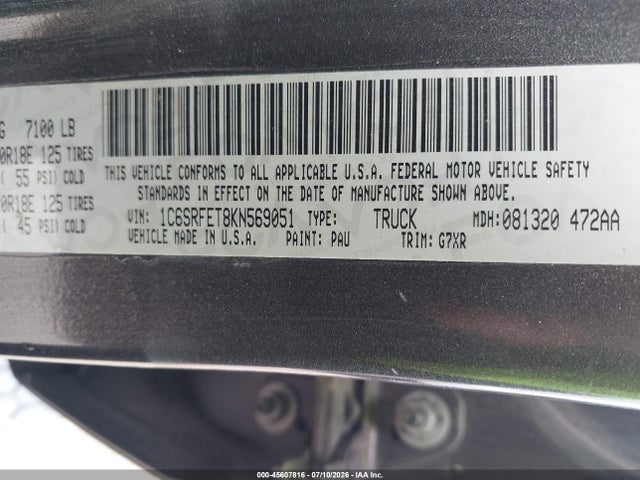 Aukcja sprzedaży 2019 Ram 1500 Rebel  4x4 6'4 Box, vin: 1C6SRFET8KN569051, numer aukcji: 45607816