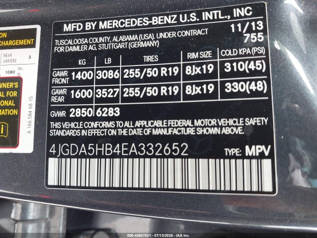 45607821 :رقم المزاد ، 4JGDA5HB4EA332652 vin ، 2014 Mercedes-benz Ml 350 4matic مزاد بيع