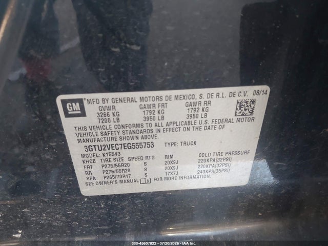 Продаж на аукціоні авто 2014 Gmc Sierra 1500 Slt, vin: 3GTU2VEC7EG555753, номер лоту: 45607822