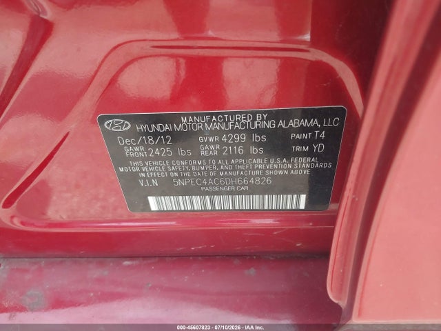 Продажа на аукционе авто 2013 Hyundai Sonata Limited, vin: 5NPEC4AC6DH664826, номер лота: 45607823