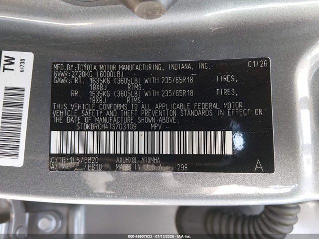 Продаж на аукціоні авто 2026 Toyota Highlander Hybrid Xle, vin: 5TDKBRCH4TS703109, номер лоту: 45607833