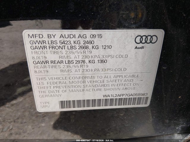 Aukcja sprzedaży 2016 Audi Q5 2.0t Premium, vin: WA1L2AFP7GA059983, numer aukcji: 45607847