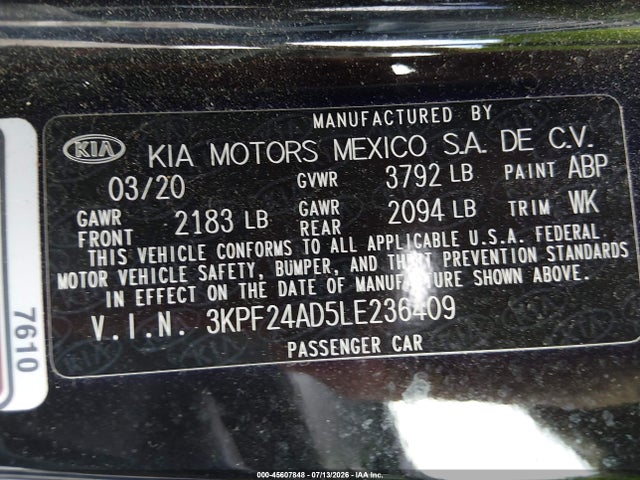 2020 Kia Forte Lxs მანქანა იყიდება აუქციონზე, vin: 3KPF24AD5LE236409, აუქციონის ნომერი: 45607848
