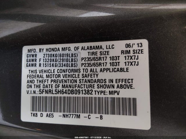 45607861 :رقم المزاد ، 5FNRL5H64DB091382 vin ، 2013 Honda Odyssey Ex-l مزاد بيع