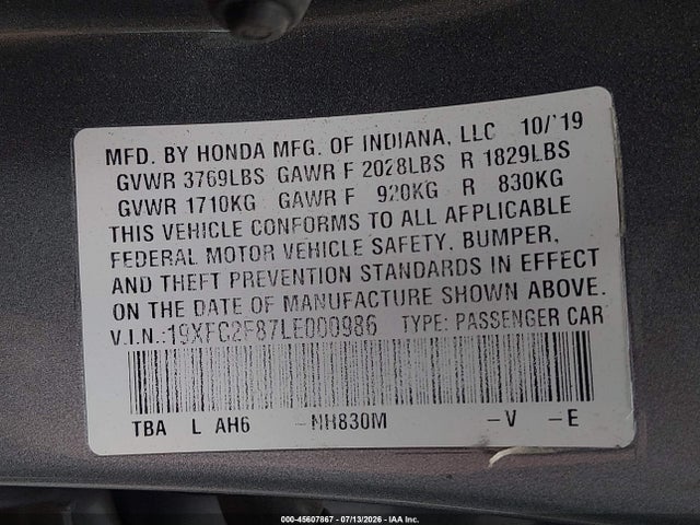19XFC2F87LE000986 Honda Civic Sport