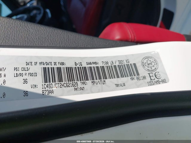 45607869 :رقم المزاد ، 1C4SDJCT2HC621629 vin ، 2017 Dodge Durango R/t مزاد بيع