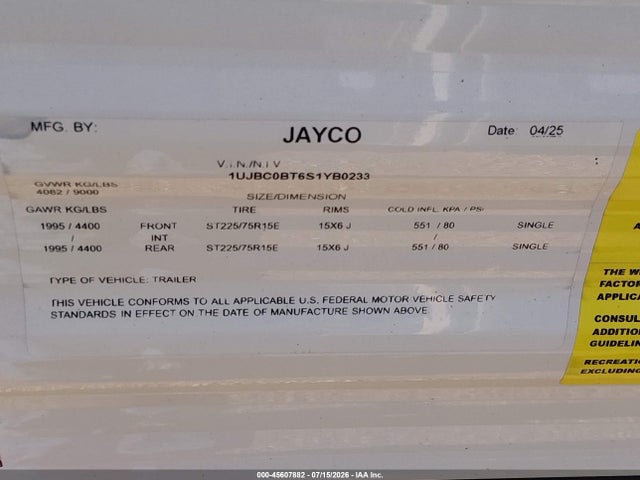 Aukcja sprzedaży 2025 Jayco Jay Flight, vin: 1UJBC0BT6S1YB0233, numer aukcji: 45607882