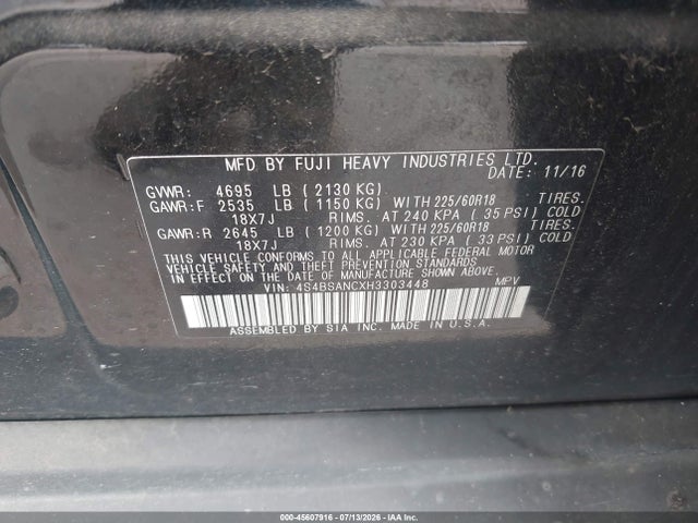 Продаж на аукціоні авто 2017 Subaru Outback 2.5i Limited, vin: 4S4BSANCXH3303448, номер лоту: 45607916