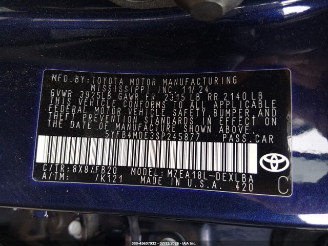 Aukcja sprzedaży 2025 Toyota Corolla Le, vin: 5YFB4MDE3SP245877, numer aukcji: 45607932