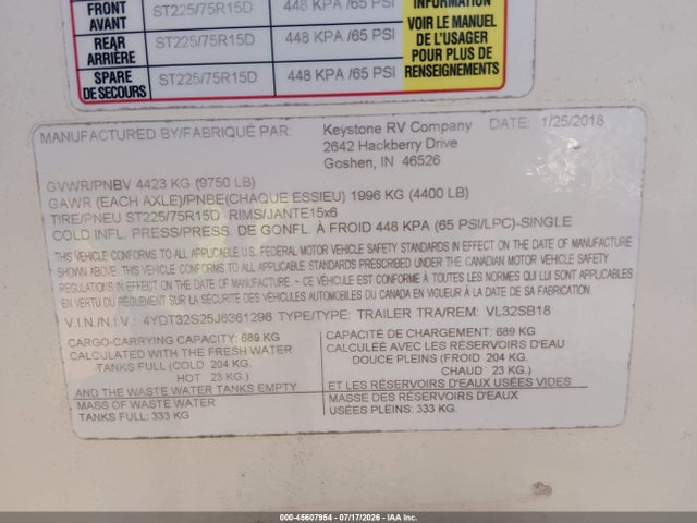 45607954 :رقم المزاد ، 4YDT32S25J6361296 vin ، 2018 Crossroads Volante 32sb Travel Trailer مزاد بيع