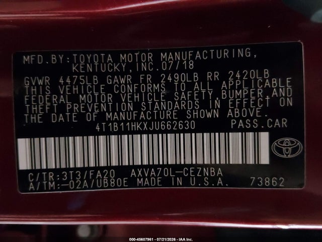 45607961 :رقم المزاد ، 4T1B11HKXJU662630 vin ، 2018 Toyota Camry Le مزاد بيع