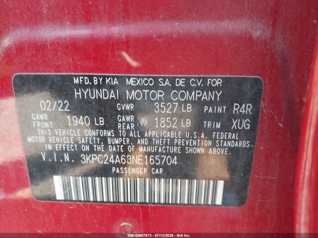 Продажа на аукционе авто 2022 Hyundai Accent Sel, vin: 3KPC24A63NE165704, номер лота: 45607973
