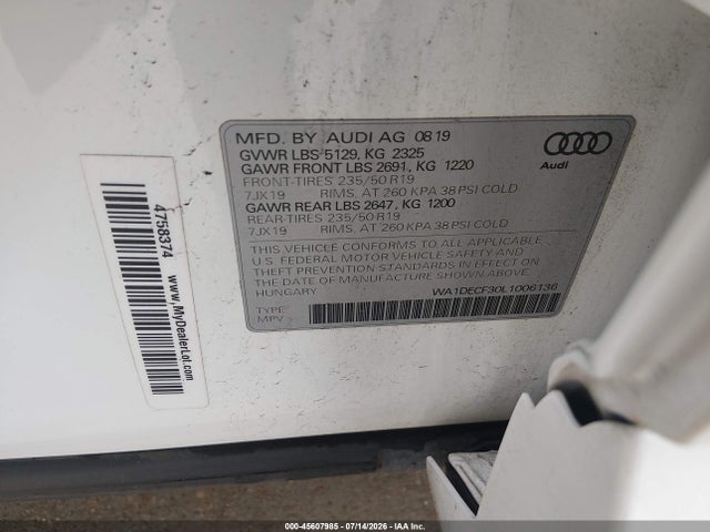 Auction sale of the 2020 Audi Q3 Premium 45 Tfsi S Line Quattro Tiptronic, vin: WA1DECF30L1006136, lot number: 45607985
