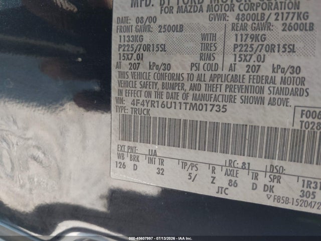 2001 Mazda B3000 Ds/se მანქანა იყიდება აუქციონზე, vin: 4F4YR16U11TM01735, აუქციონის ნომერი: 45607997