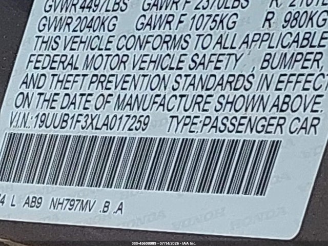 2020 Acura Tlx Standard მანქანა იყიდება აუქციონზე, vin: 19UUB1F3XLA017259, აუქციონის ნომერი: 45608089
