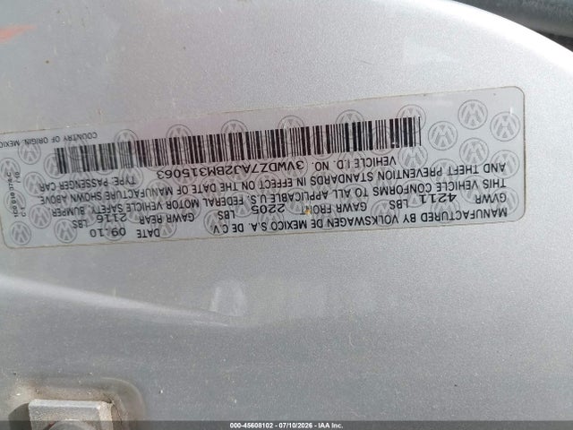 2011 Volkswagen Jetta 2.5l Se მანქანა იყიდება აუქციონზე, vin: 3VWDZ7AJ2BM315063, აუქციონის ნომერი: 45608102
