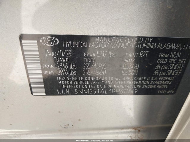 Aukcja sprzedaży 2023 Hyundai Santa Fe Calligraphy, vin: 5NMS54AL4PH611749, numer aukcji: 45608117