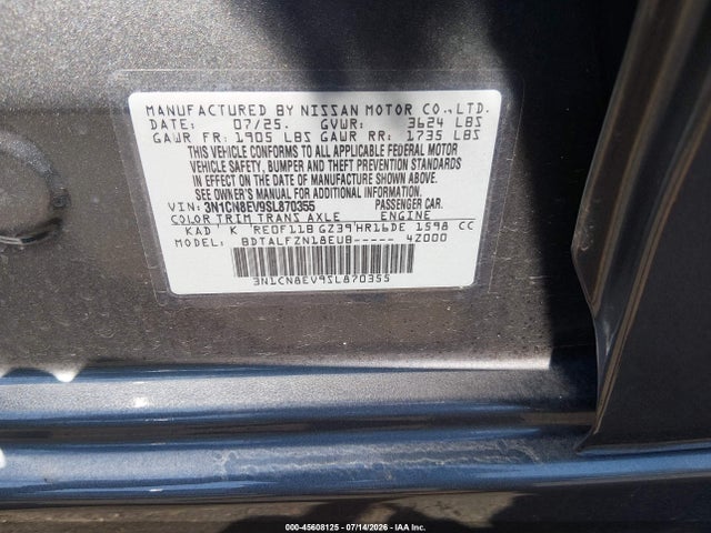 2025 Nissan Versa 1.6 Sv მანქანა იყიდება აუქციონზე, vin: 3N1CN8EV9SL870355, აუქციონის ნომერი: 45608125