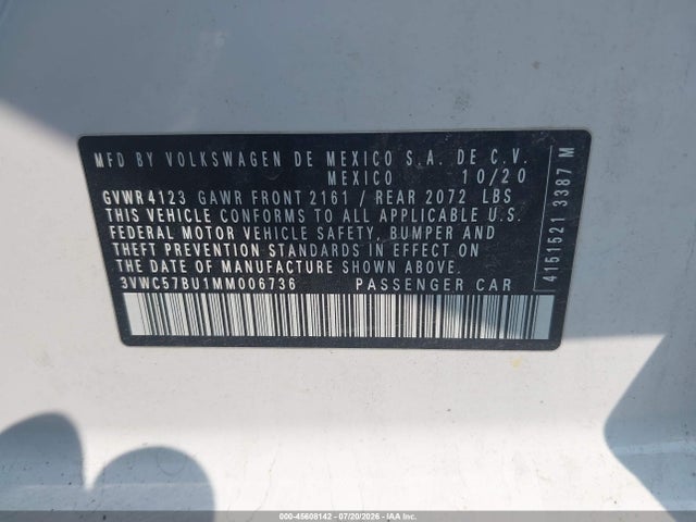 2021 Volkswagen Jetta 1.4t R-line/1.4t Se/s მანქანა იყიდება აუქციონზე, vin: 3VWC57BU1MM006736, აუქციონის ნომერი: 45608142