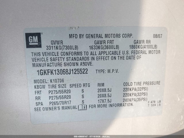45608147 :رقم المزاد ، 1GKFK13068J125522 vin ، 2008 Gmc Yukon Slt مزاد بيع