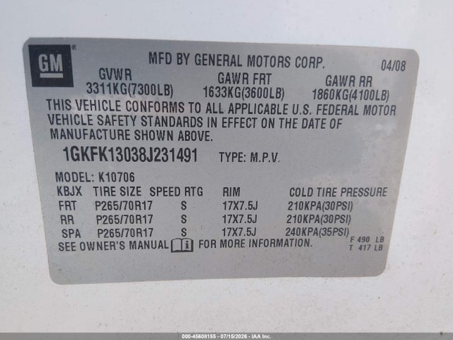 2008 Gmc Yukon Sle მანქანა იყიდება აუქციონზე, vin: 1GKFK13038J231491, აუქციონის ნომერი: 45608155