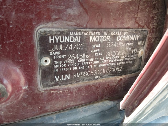 Продажа на аукционе авто 2001 Hyundai Santa Fe 2.7l V6 Gls/2.7l V6 Lx, vin: KM8SC83DO1U129052, номер лота: 45608161