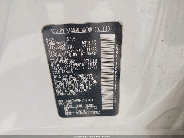 45608163 :رقم المزاد ، JN8AE2KP6F9130837 vin ، 2015 Nissan Quest مزاد بيع