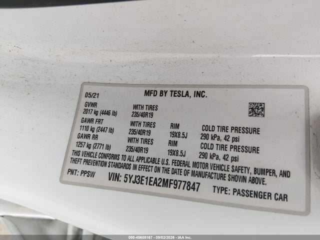 Продаж на аукціоні авто 2021 Tesla Model 3 Standard Range Plus Rear-wheel Drive, vin: 5YJ3E1EA2MF977847, номер лоту: 45608167