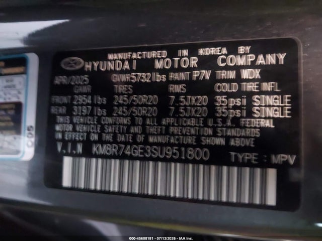 Aukcja sprzedaży 2025 Hyundai Palisade Calligraphy, vin: KM8R74GE3SU951800, numer aukcji: 45608181