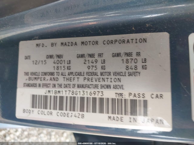 Aukcja sprzedaży 2016 Mazda Mazda3 I Sport, vin: JM1BM1T78G1316973, numer aukcji: 45608188