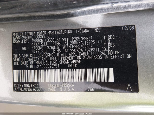 2006 Toyota Tundra Sr5 V8 მანქანა იყიდება აუქციონზე, vin: 5TBET34166S523751, აუქციონის ნომერი: 45608198