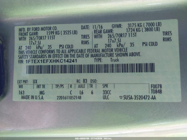 1FTEX1EFXHKC14241 Ford F-150 Xlt